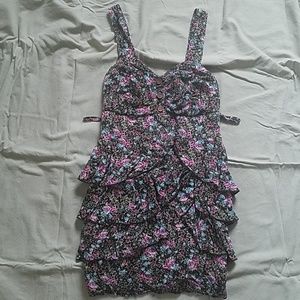 Brown, Pink and Blue Floral Ruffle Dress
